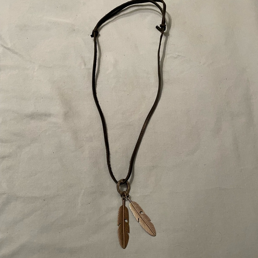 Leather Necklace with Double Feather Pendants - Brown